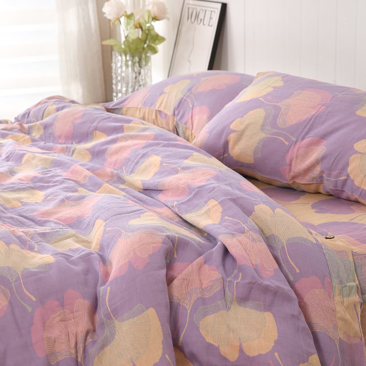 Ginkgo Leaf Cotton Reversible Bedding Set(4PCS) - Light Purple - Bedding Set - Queen - image 0