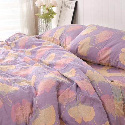 Ginkgo Leaf Cotton Reversible Bedding Set(4PCS) - Light Purple - Bedding Set - Queen - image 0