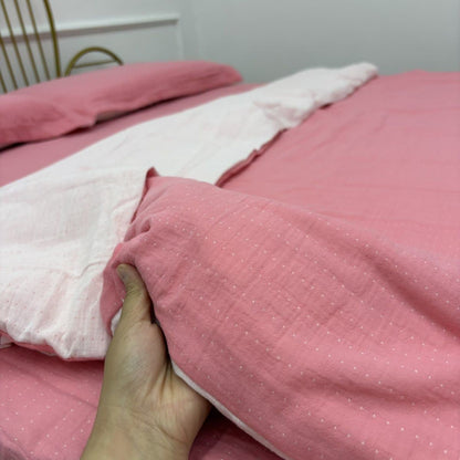 Minimalist Reversible Cotton Gauze Bedding - Pink & White - Bedding Set - King - image 7