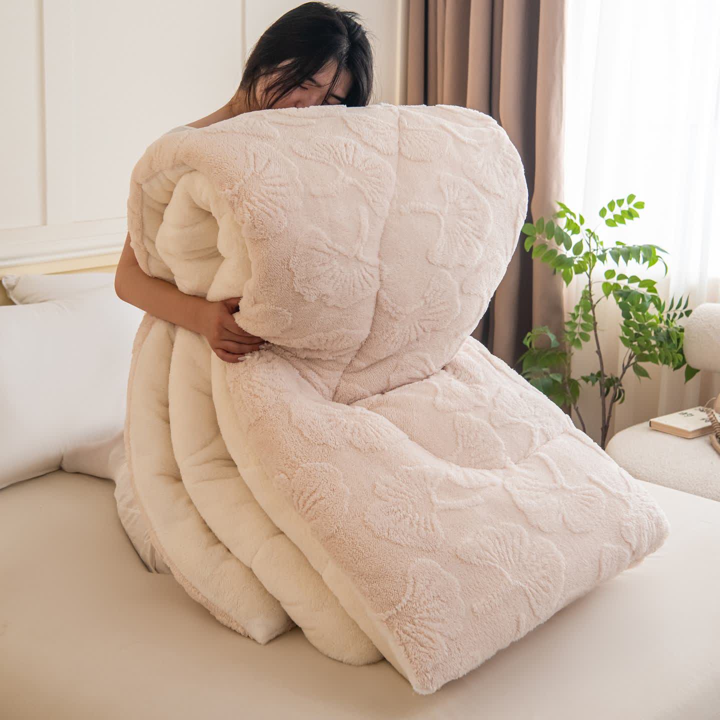 Ginkgo Leaf Jacquard Sherpa Reversible Blanket - Beige - Queen - image 16