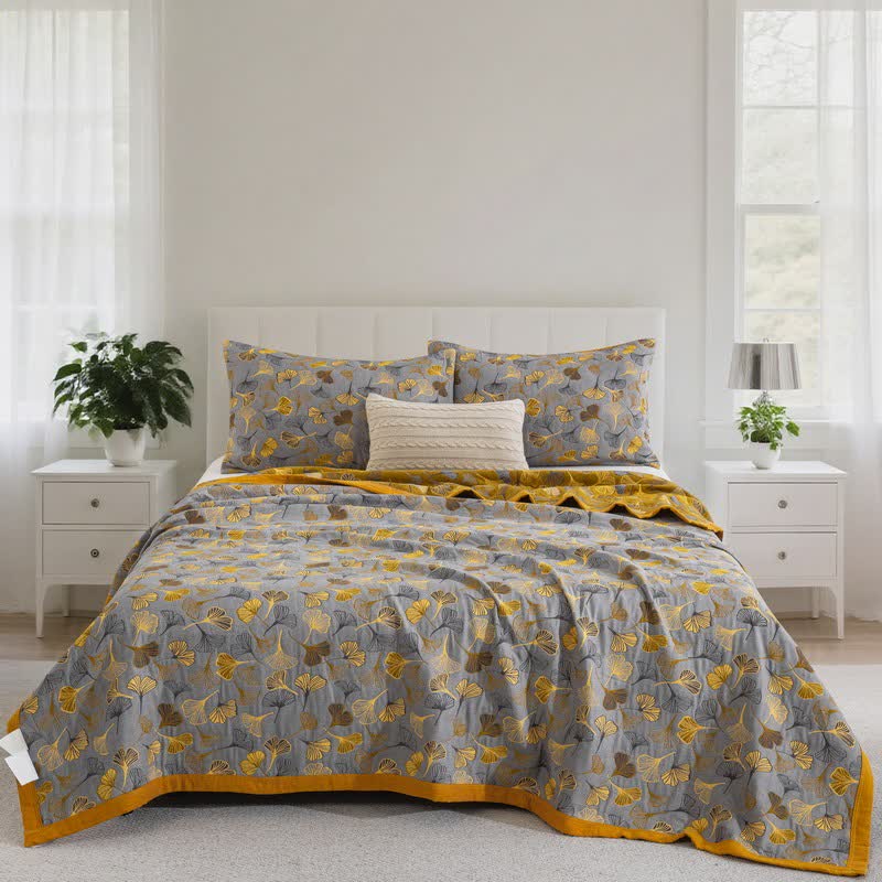 Ginkgo Biloba Organic Cotton Quilt - Grey - Quilt with 2PCS Pillowcases - Cal King - image 41