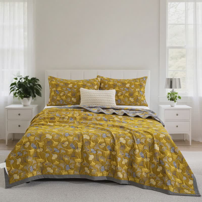 Ginkgo Biloba Organic Cotton Quilt - Yellow - Quilt with 2PCS Pillowcases - Cal King - image 51