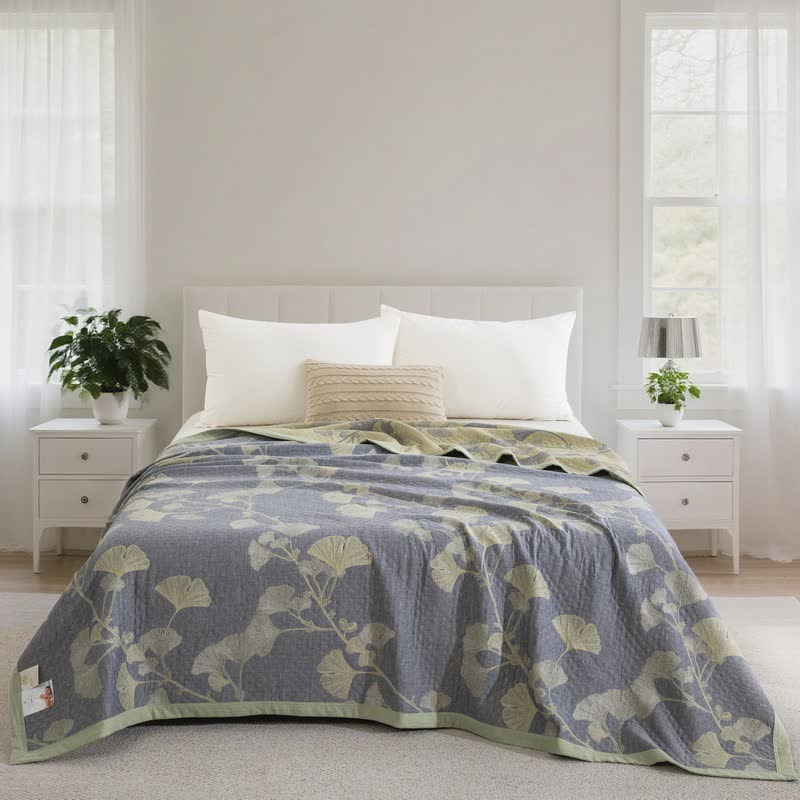 Ginkgo Inspired Natural Cotton Reversible Quilt - Blue - Quilt - Cal King - image 3