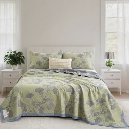 Ginkgo Inspired Natural Cotton Reversible Quilt - Green - Quilt with 2PCS Pillowcases - Cal King - image 12