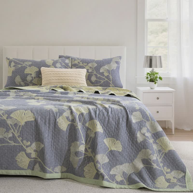 Ginkgo Inspired Natural Cotton Reversible Quilt - image 2