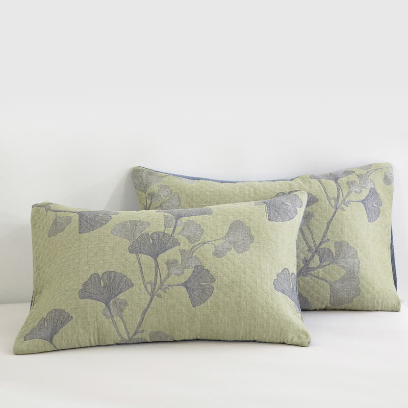 Ginkgo Inspired Natural Cotton Reversible Quilt - Green - 2PCS Pillowcases - 20" x 36" - image 18