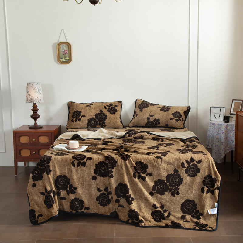 Rose Plush Fitted Sheet Blanket - Coffee - Blanket with 2PCS Pillowcases - King - image 3