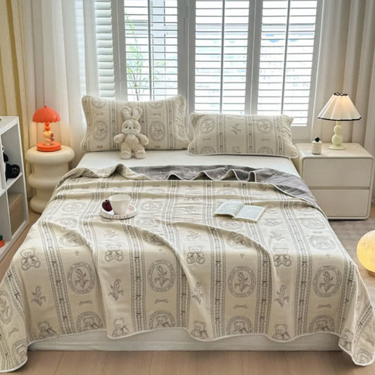 Bear Floral Stripe Cotton Muslin Quilt - 2 Pcs Pillowcases - 19" x 31" - image 0