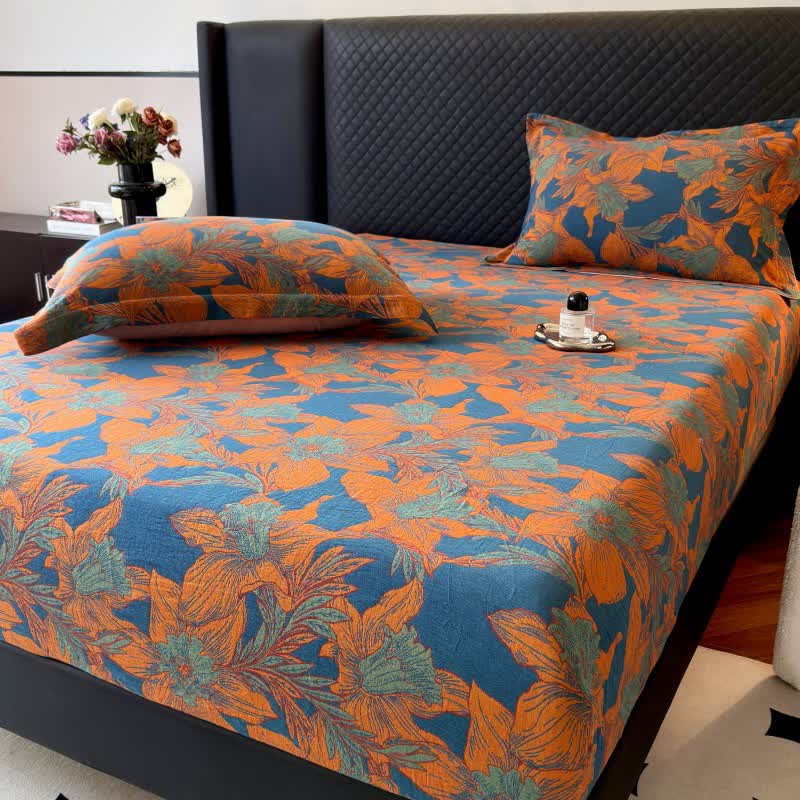 Lily Floral Cotton Gauze Fitted Sheet - Orange - Fitted Sheet with 2PCS Pillowcases - Queen - image 0