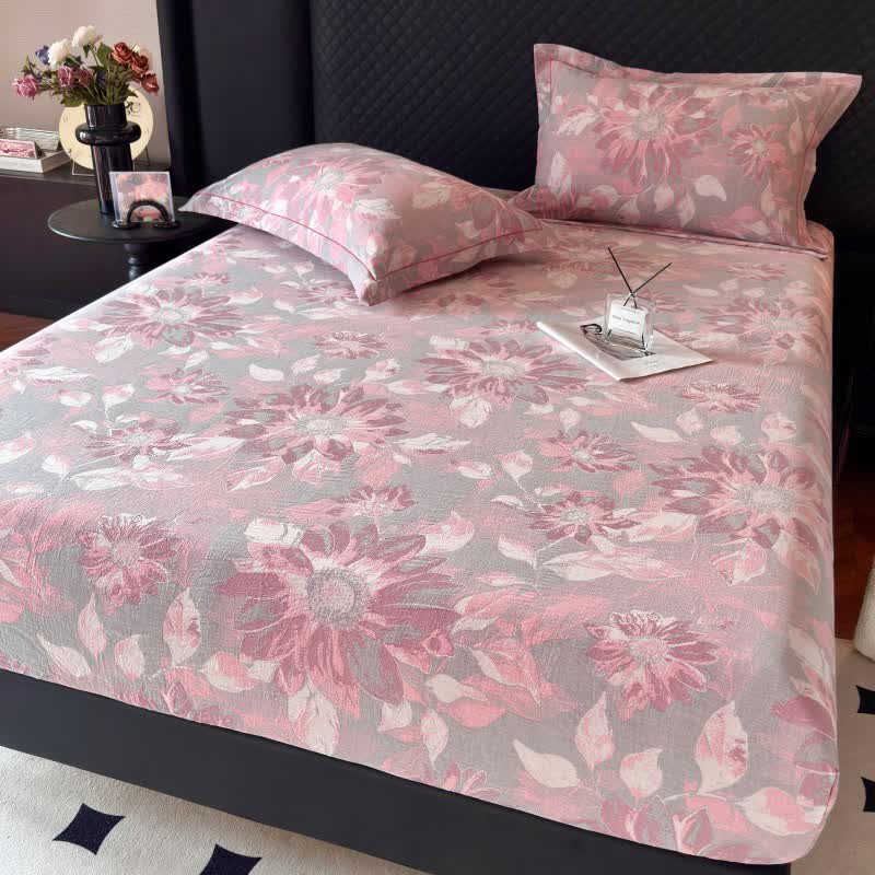 Rustic Sunflower Cotton Gauze Fitted Sheet - Light Green - Fitted Sheet with 2PCS Pillowcases - Queen - image 0