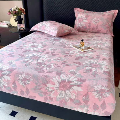 Rustic Sunflower Cotton Gauze Fitted Sheet - Pink - Fitted Sheet with 2PCS Pillowcases - Queen - image 3