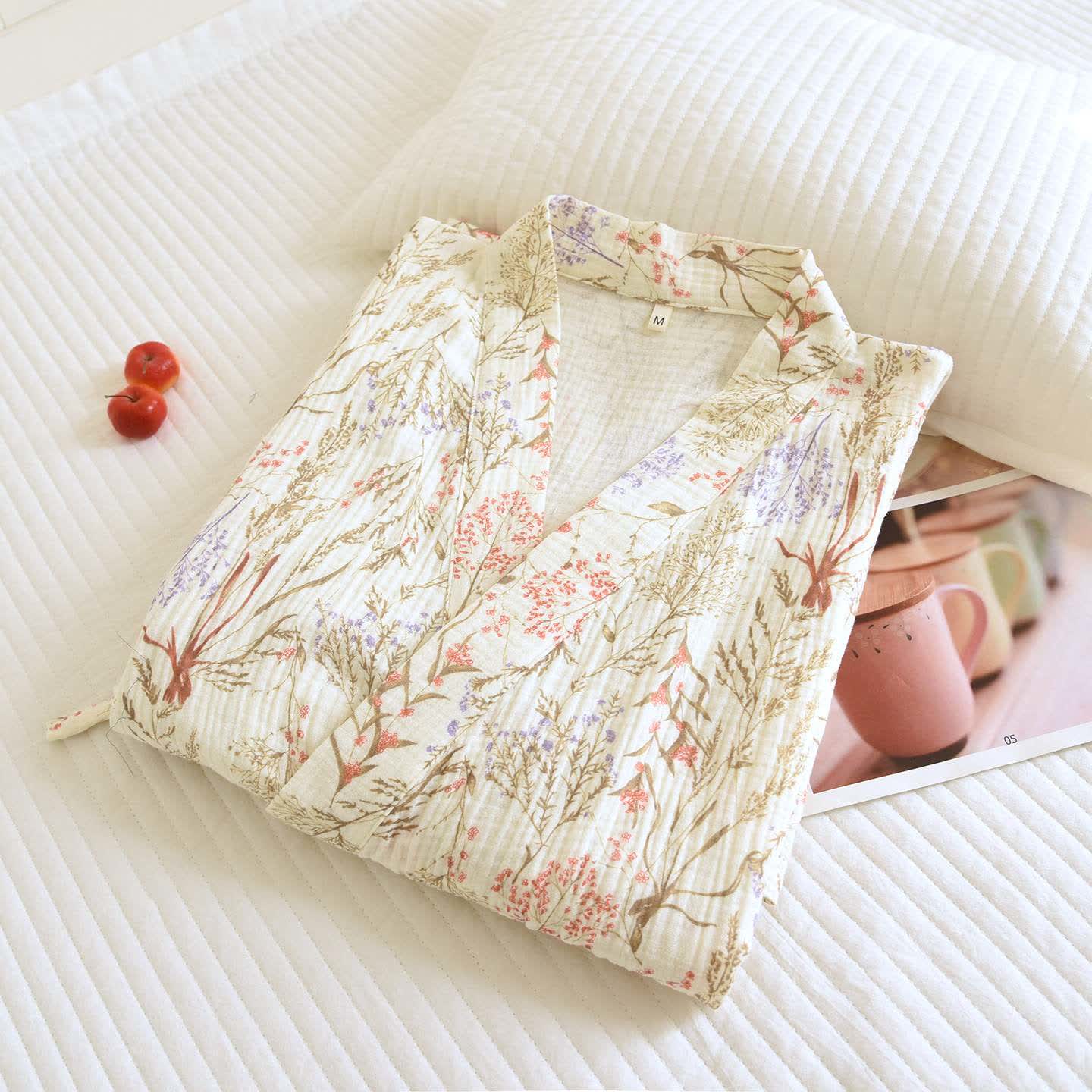 Muted Floral Cotton Gauze Kimono Bathrobe - image 2