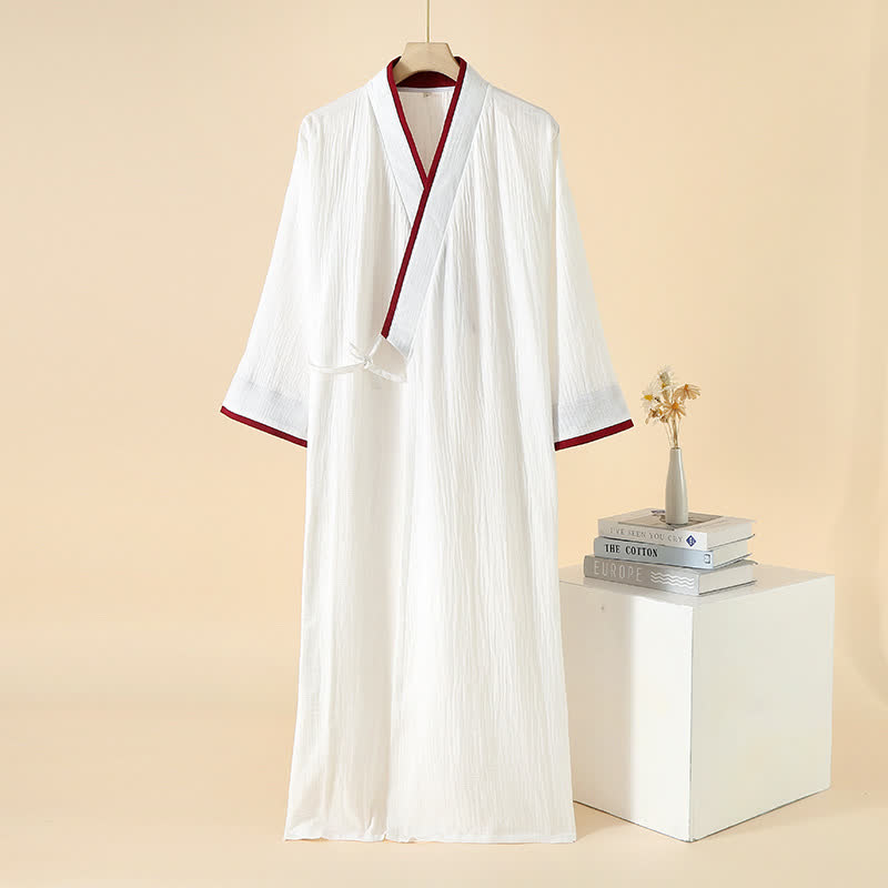 Unisex Minimalist Cotton Gauze Kimono Bathrobe - White & Red - XL - image 16