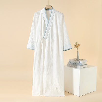Unisex Minimalist Cotton Gauze Kimono Bathrobe - White & Blue - XL - image 14