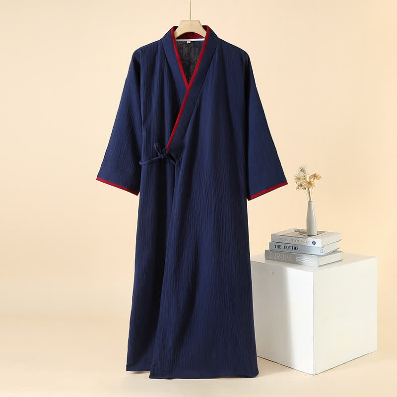Unisex Minimalist Cotton Gauze Kimono Bathrobe - Navy Blue & Red - XL - image 10