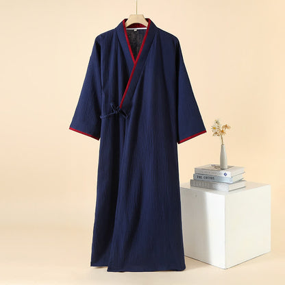 Unisex Minimalist Cotton Gauze Kimono Bathrobe - Navy Blue & Red - XL - image 10