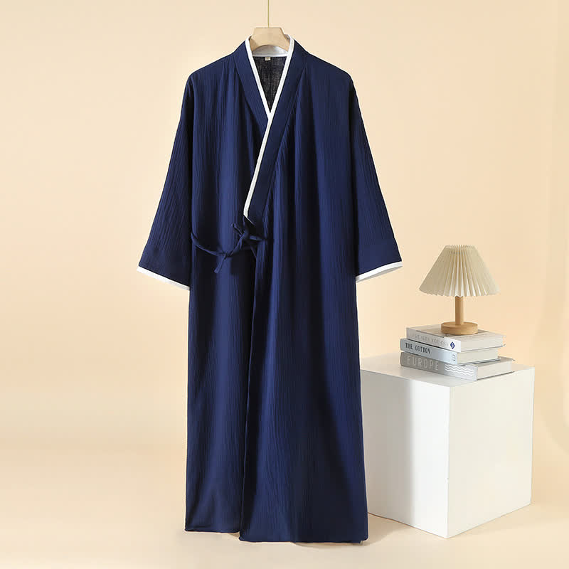 Unisex Minimalist Cotton Gauze Kimono Bathrobe - Navy Blue & White - XL - image 2