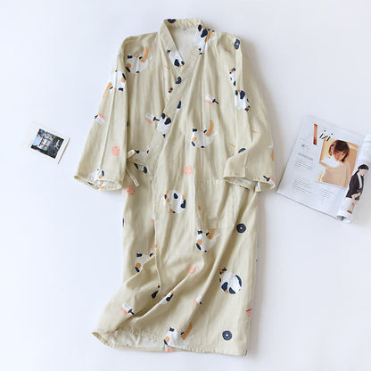 Matching Cat Cotton Gauze Kimono Bathrobe - Khaki - Men - L - image 13