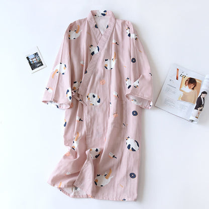 Matching Cat Cotton Gauze Kimono Bathrobe - Pink - Women - L - image 3