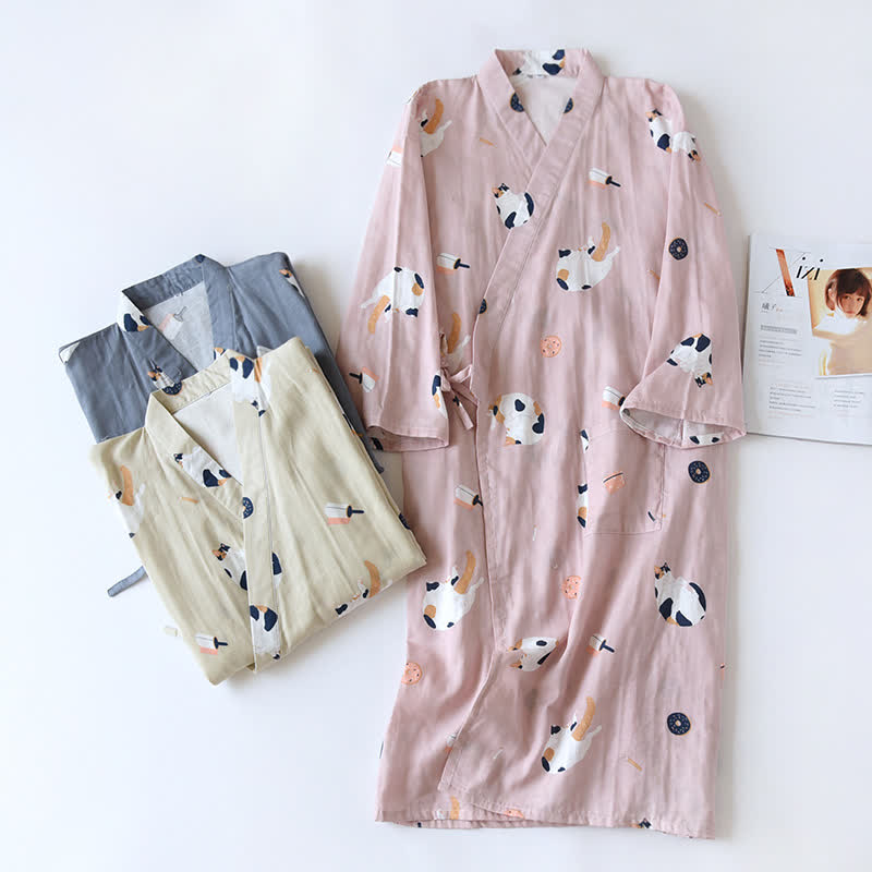 Matching Cat Cotton Gauze Kimono Bathrobe - image 1
