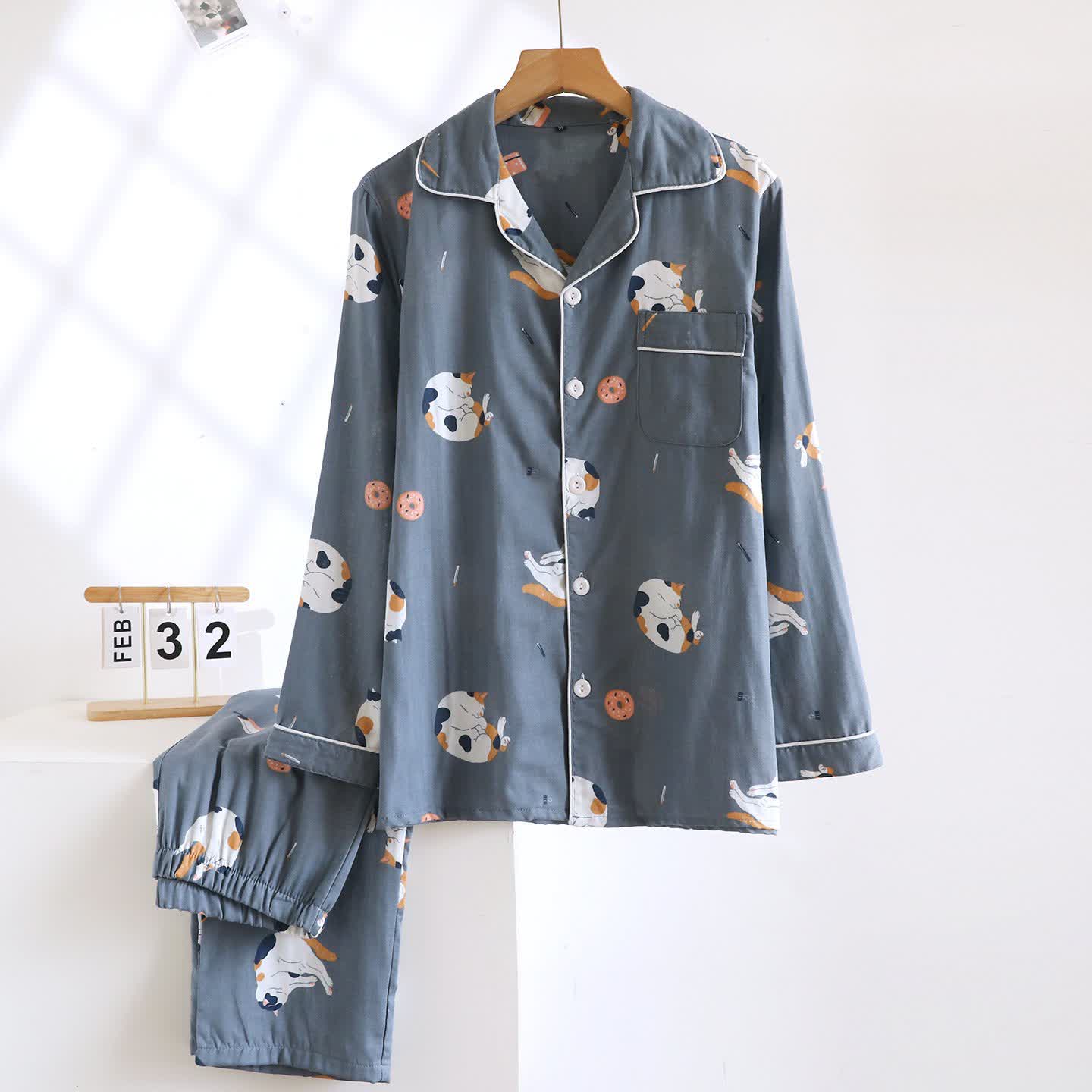 Matching Cartoon Cat Cotton Loungewear Set - Dark Blue - Men - XL - image 16