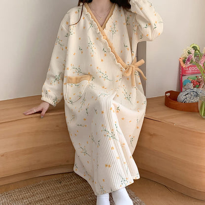 Yellow Floral Ruffled Nightdress with Pocket - image 1