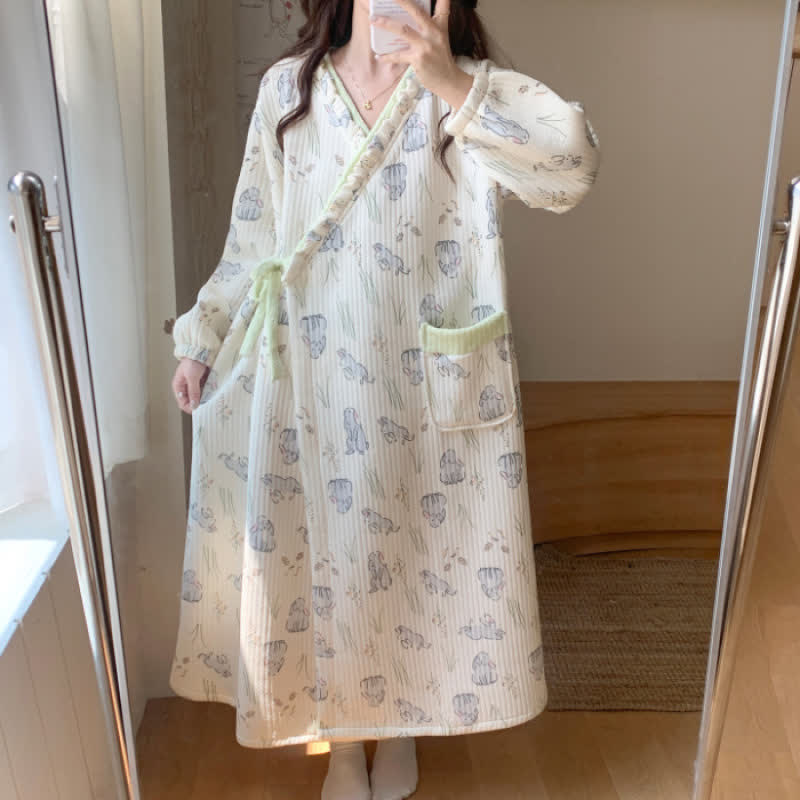 Cartoon Rabbit Ruffled Nightdress with Pocket - XXL - image 2