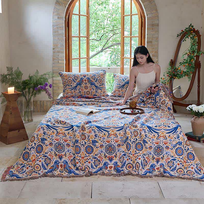 Ownkoti Vintage Bird Cotton Gauze Tassel Blanket - image 3
