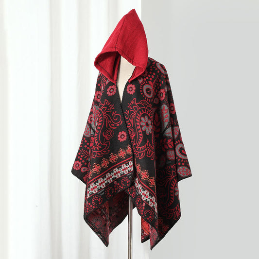 Vintage Paisley Hooded Cape Shawl - Black&Red - 53" x 59" - image 0