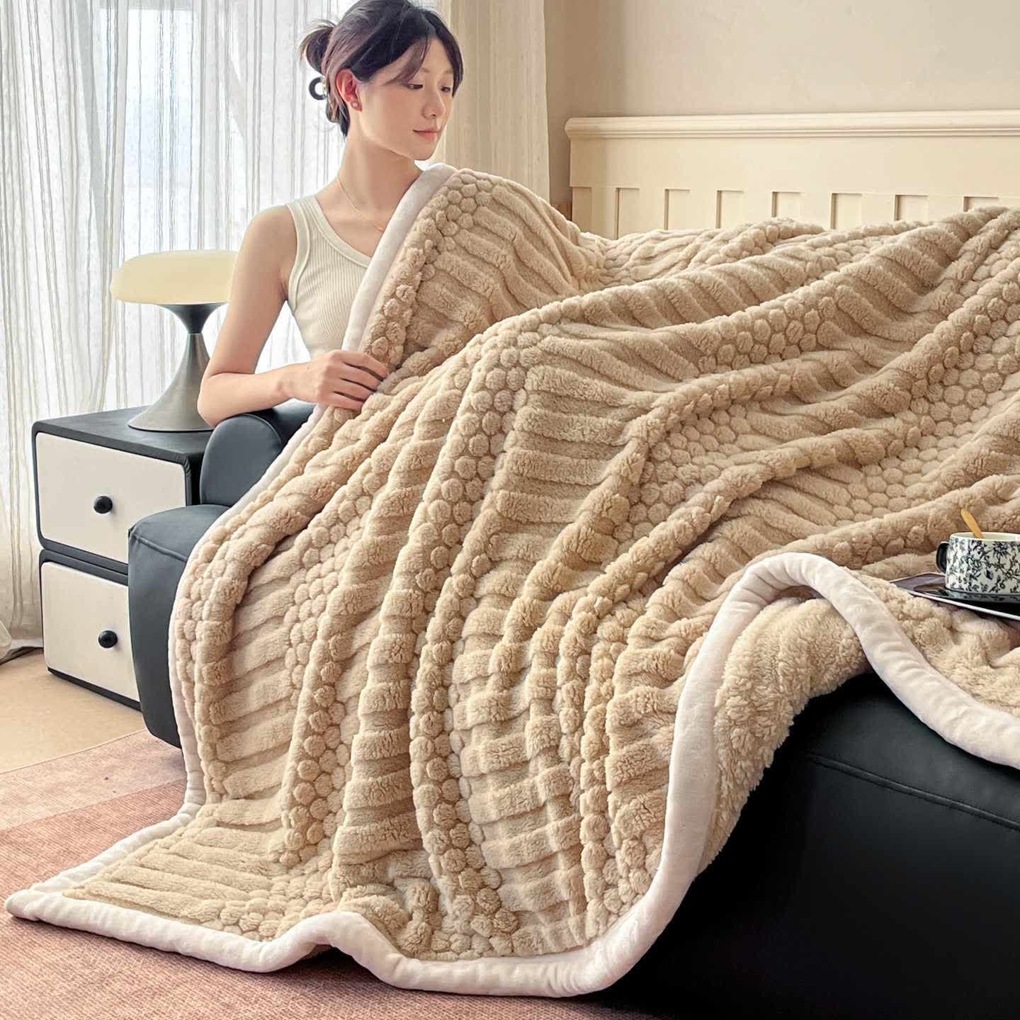 Ownkoti Geometric textured Plush Throw Blanket - Khaki - Queen - image 15