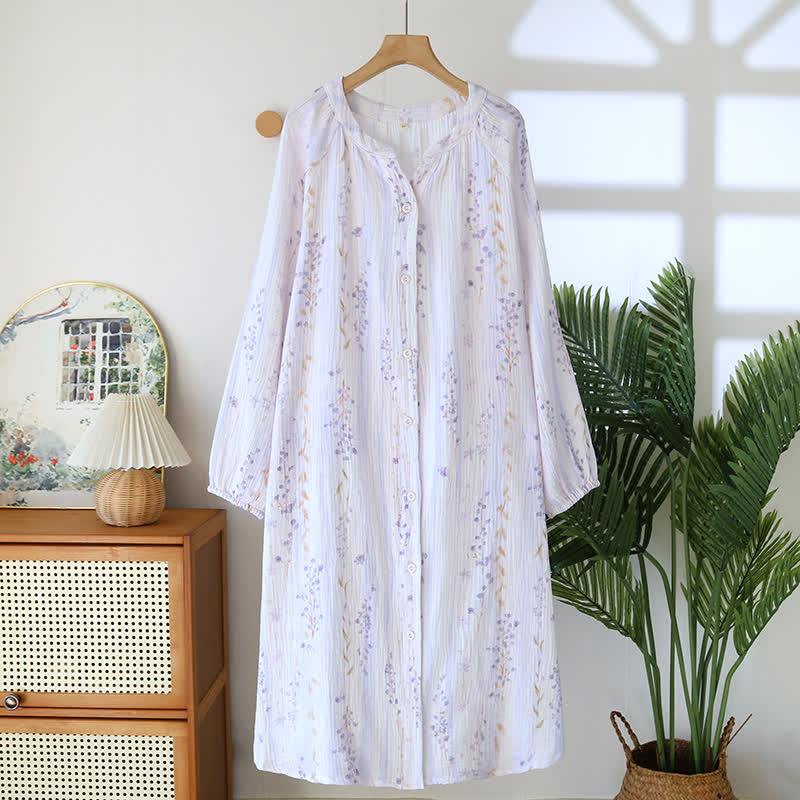 Ownkoti Purple Floral Cotton Gauze Button Nightdress - XL - image 0