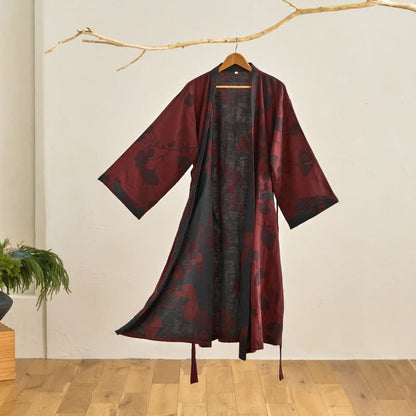 Large Ginkgo Leaf Cotton Kimono Robe - Red & Black - 2XL - image 13