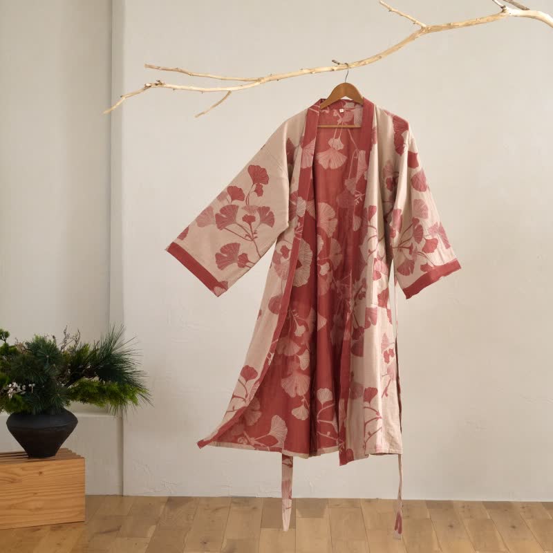 Large Ginkgo Leaf Cotton Kimono Robe - Nude & Red - 2XL - image 19