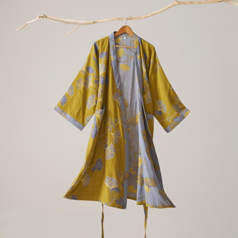Cotton Gauze Ginkgo Kimono Robe - Dark Yellow - XL - image 40