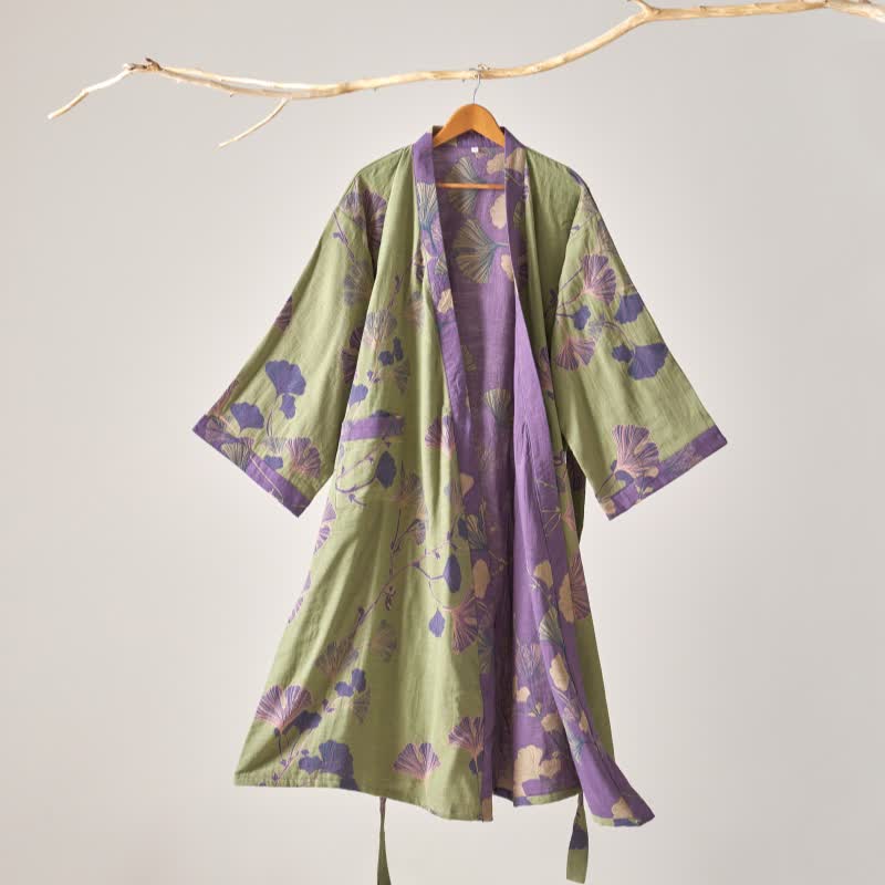 Cotton Gauze Ginkgo Kimono Robe - Green - XL - image 17
