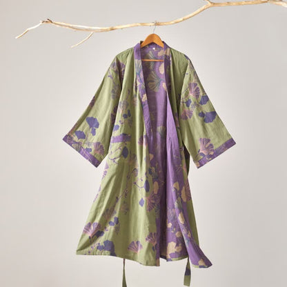 Cotton Gauze Ginkgo Kimono Robe - Green - XL - image 17