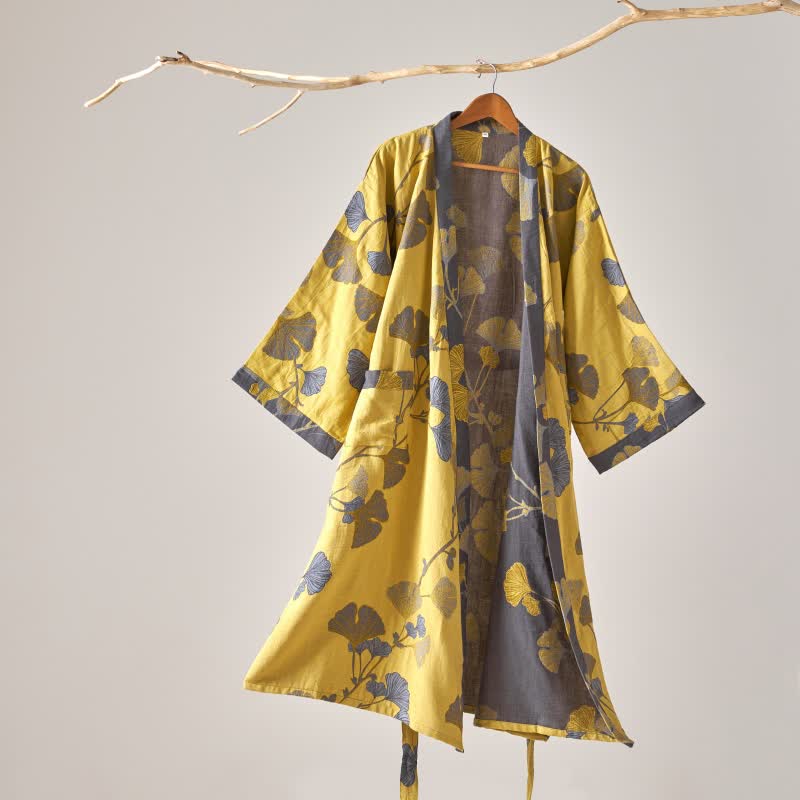 Cotton Gauze Ginkgo Kimono Robe - Yellow - XL - image 9