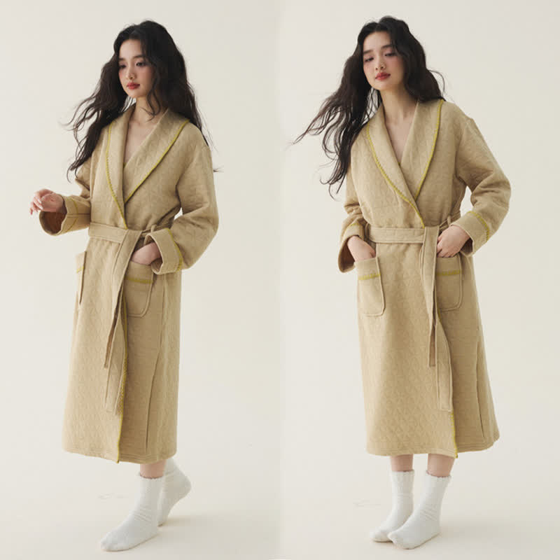 Ownkoti Simple Solid Color Quilted Robe - Khaki - 2XL - image 10