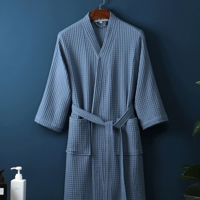 Simple Solid Color Cotton V-neck Bathrobe - Blue - XL - image 9