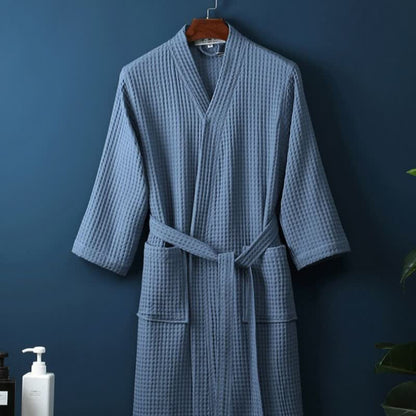 Simple Solid Color Cotton V-neck Bathrobe - Blue - XL - image 9