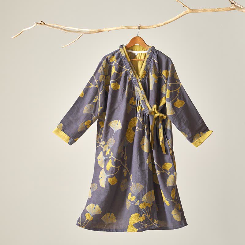 Ginkgo Leaf Hanfu Inspired Cotton Nightdress - Dark Grey - XL - image 12
