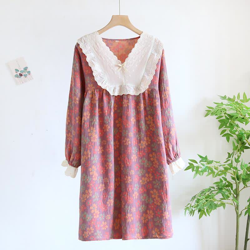 Ownkoti Floral Cotton Gauze Long Sleeve Nightgown - Purple - XL - image 14