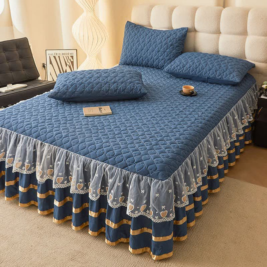 Ownkoti Heart Quilted Bed Skirt Sheet - Blue - Bed Skirt Sheet with 2PCS Pillowcases - King - image 0