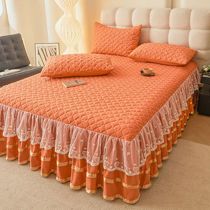 Ownkoti Heart Quilted Bed Skirt Sheet - Orange - Bed Skirt Sheet with 2PCS Pillowcases - King - image 12