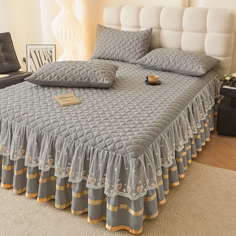 Ownkoti Heart Quilted Bed Skirt Sheet - Light Gray - Bed Skirt Sheet with 2PCS Pillowcases - King - image 9