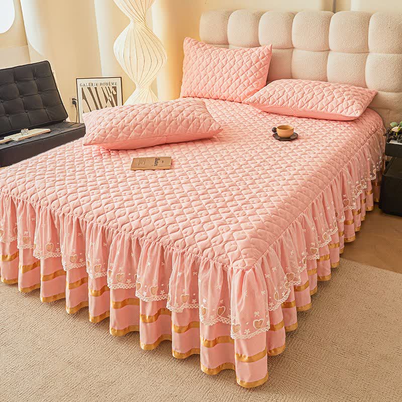 Ownkoti Heart Quilted Bed Skirt Sheet - Light Pink - Bed Skirt Sheet with 2PCS Pillowcases - King - image 15