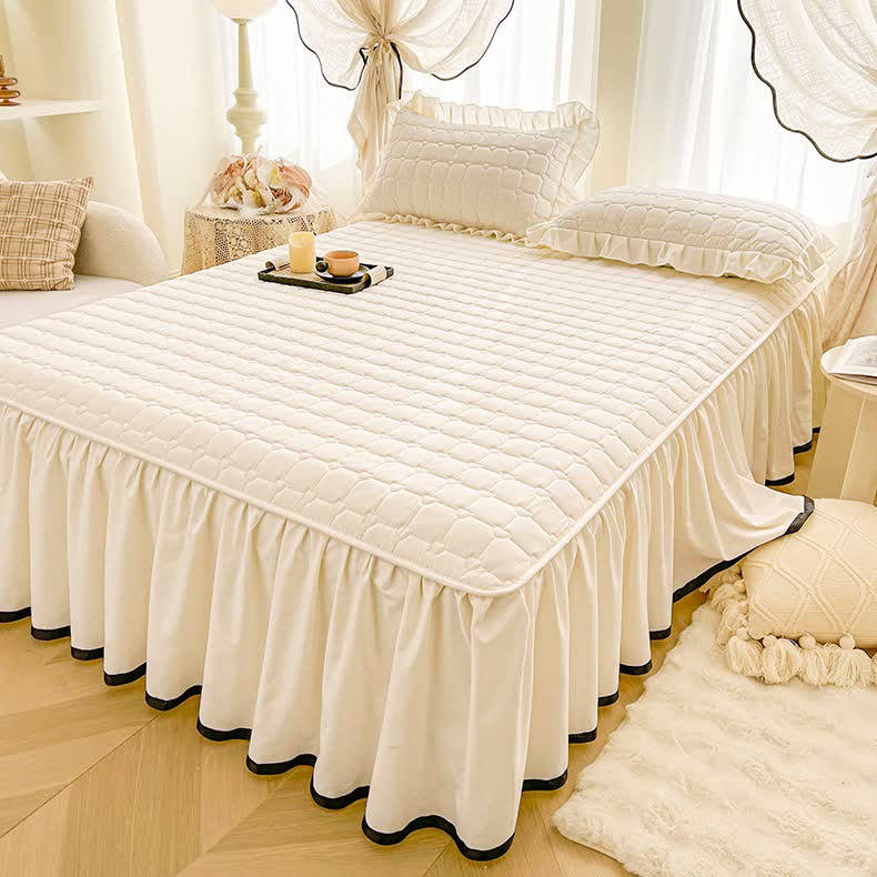 Ownkoti Checked Quilted Bed Skirt Sheet - Beige - Bed Skirt Sheet with 2PCS Pillowcases - King - image 0