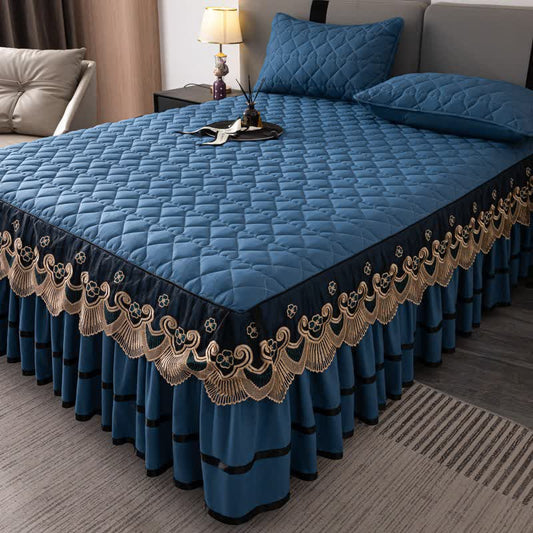 Ownkoti Heart Quilted Lace Bed Skirt Sheet - Royal Blue - Bed Skirt Sheet with 2PCS Pillowcases - King - image 0