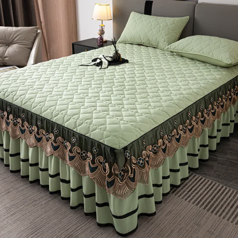 Ownkoti Heart Quilted Lace Bed Skirt Sheet - Green - Bed Skirt Sheet with 2PCS Pillowcases - King - image 14