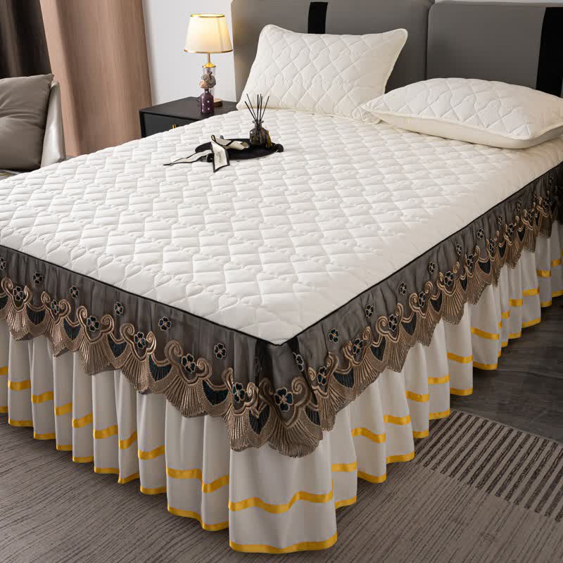 Ownkoti Heart Quilted Lace Bed Skirt Sheet - Beige - Bed Skirt Sheet with 2PCS Pillowcases - King - image 4